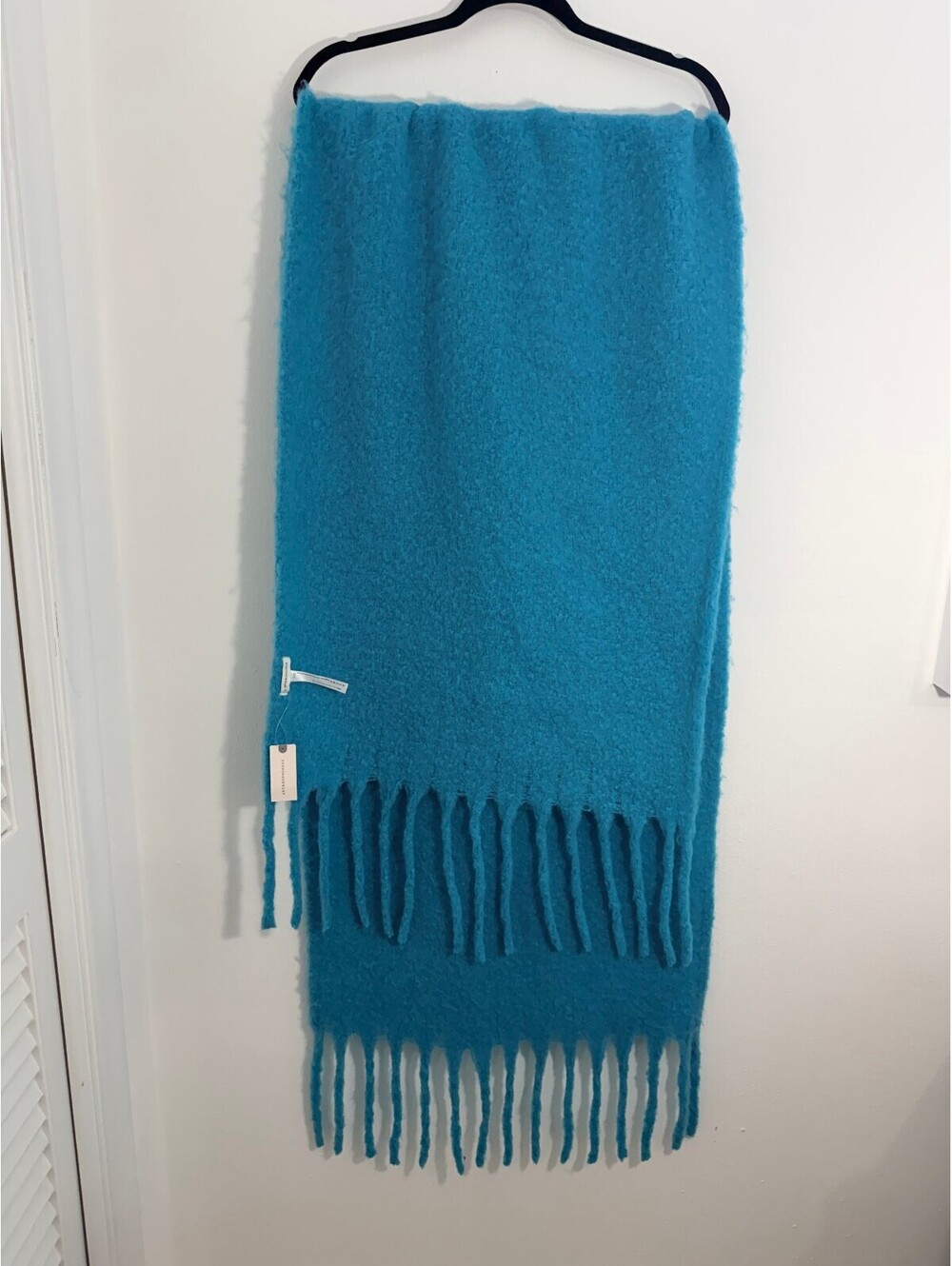 By Anthropologie Turquoise Fuzzy Oversized Fringe Scarf Wrap NWT 88x21